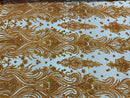 Luxury Bead Design - Copper/Orange - Floral Fabric Embroidered w/ Pearls-Beads on Mesh Lace By Yard