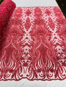 Luxury Bead Design - Coral - Floral Fabric Embroidered w/ Pearls-Beads on Mesh Lace By Yard