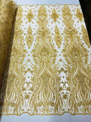 Luxury Bead Design - Gold - Floral Fabric Embroidered w/ Pearls-Beads on Mesh Lace By Yard