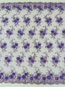 Flower Lace Fabric - Lilac - Embroidered Roses With Sequins on a Mesh Lace Fabric By Yard