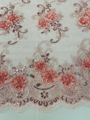 Flower Lace Fabric - Rose - Embroidered Flower With Sequins on a Mesh Lace Fabric By Yard