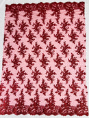 Lace Flower Cluster Fabric - Burgundy - Embroidered Flower With Sequins on a Mesh Lace Fabric By Yard