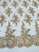 Lace Flower Cluster Fabric - Champagne - Embroidered Flower With Sequins on a Mesh Lace Fabric By Yard
