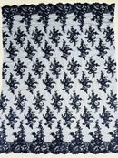 Lace Flower Cluster Fabric - Navy Blue - Embroidered Flower With Sequins on a Mesh Lace Fabric By Yard