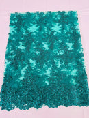 Lace Flower Cluster Fabric - Hunter Green - Embroidered Flower With Sequins on a Mesh Lace Fabric By Yard