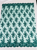 Lace Flower Cluster Fabric - Hunter Green - Embroidered Flower With Sequins on a Mesh Lace Fabric By Yard