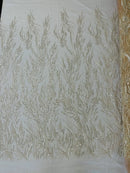 Wavy Plant Lines Bead Fabric - Beige - Embroidered Beaded Wedding Bridal Fabric Sold By The Yard