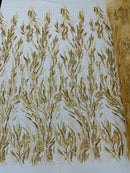 Wavy Plant Lines Bead Fabric - Gold - Embroidered Beaded Wedding Bridal Fabric Sold By The Yard