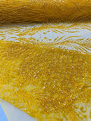 Heart & Feather Pattern Fabric - Dark Yellow - Embroidered Elegant Design with Beads Mesh Fabric Sold By Yard