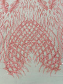 Heart & Feather Pattern Fabric - Candy - Embroidered Elegant Design with Beads Mesh Fabric Sold By Yard