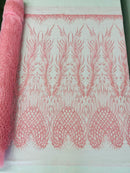 Heart & Feather Pattern Fabric - Candy - Embroidered Elegant Design with Beads Mesh Fabric Sold By Yard