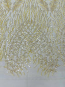 Heart & Feather Pattern Fabric - Yellow - Embroidered Elegant Design with Beads Mesh Fabric Sold By Yard