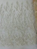 Wavy Plant Lines Bead Fabric - Beige - Embroidered Beaded Wedding Bridal Fabric Sold By The Yard