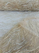 Wavy Plant Lines Bead Fabric - Beige - Embroidered Beaded Wedding Bridal Fabric Sold By The Yard