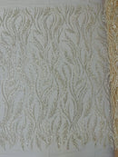 Wavy Lines with Leaf Pattern Beads Fabric - Nude  - Embroidered Beaded Wedding Bridal Fabric By The Yard
