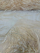 Leaf Pattern Lines Beaded Fabric - Nude - Embroidered Line Beaded Wedding Bridal Fabric Sold By The Yard