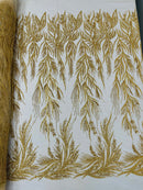 Leaf Pattern Lines Beaded Fabric - Gold - Embroidered Line Beaded Wedding Bridal Fabric Sold By The Yard