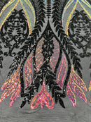 Mermaid Design Sequins Fabric - Black/Rainbow - Sequins Fabric 4 Way Stretch on Mesh By Yard