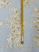 3D Rhinestone Rose Fabric - Champagne - Embroidered 3D Roses Design on Mesh Fabric Sold by Yard