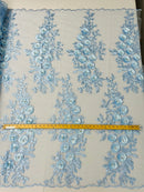 3D Rhinestone Rose Fabric - Baby Blue - Embroidered 3D Roses Design on Mesh Fabric Sold by Yard