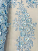 3D Rhinestone Rose Fabric - Baby Blue - Embroidered 3D Roses Design on Mesh Fabric Sold by Yard