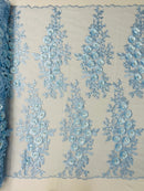 3D Rhinestone Rose Fabric - Baby Blue - Embroidered 3D Roses Design on Mesh Fabric Sold by Yard