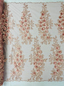 3D Rhinestone Rose Fabric - Dusty Rose - Embroidered 3D Roses Design on Mesh Fabric Sold by Yard