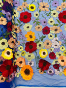 3D Floral and Leaves Embroidery - Royal Blue - Multi Color Flower Design on Mesh by Yard