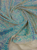 Mini Glitz Sequins - Iridescent Blue/ White on White Mesh - Mini Sequins 4 Way Stretch Mesh Fabric