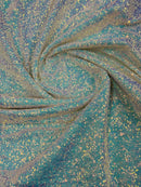 Mini Glitz Sequins - Iridescent Blue/ White on White Mesh - Mini Sequins 4 Way Stretch Mesh Fabric