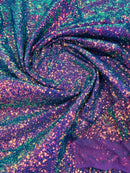 Mini Glitz Sequins - Iridescent Purple on Purple Mesh - Mini Sequins 4 Way Stretch Mesh Fabric