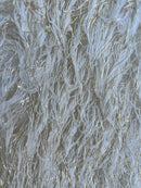 Metallic Eyelash Fabric - Ivory/Gold - Feather/Eyelash/Fringe Design on Mesh By Yard