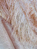 Metallic Eyelash Fabric - Peach - Feather/Eyelash/Fringe Design on Mesh By Yard