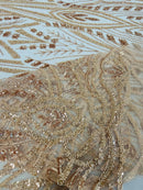 Beaded Pattern Fabric - Rose Gold - Embroidered Fancy Beads Pattern On Mesh Fabric Sold By Yard