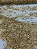 Heart & Feather Pattern Fabric - Gold - Embroidered Elegant Design with Beads Mesh Fabric Sold By Yard