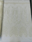 Heart & Feather Pattern Fabric - Ivory - Embroidered Elegant Design with Beads Mesh Fabric Sold By Yard
