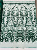 Heart & Feather Pattern Fabric - Hunter Green - Embroidered Elegant Design with Beads Mesh Fabric Sold By Yard