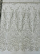 Heart & Feather Pattern Fabric - Silver - Embroidered Elegant Design with Beads Mesh Fabric Sold By Yard