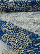 Heart & Feather Pattern Fabric - Royal Blue - Embroidered Elegant Design with Beads Mesh Fabric Sold By Yard