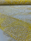 Heart & Feather Pattern Fabric - Yellow - Embroidered Elegant Design with Beads Mesh Fabric Sold By Yard