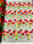 Rose Plant Lace Fabric - Red on Black - Embroidered Full Rose Design on Lace By Yard