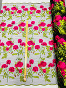 Rose Plant Lace Fabric - Fuchsia on White - Embroidered Full Rose Design on Lace By Yard