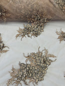3D Floral Clusters with Rhinestone - Dark Nude Black Thread Embroidered Flowers Beads On Lace Yard