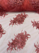 3D Floral Clusters with Rhinestone - Coral - Embroidered Flowers Beads On Lace Yard