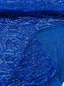 Geometric Fabric - Royal Blue - Geometric Sequins Pattern Design 4 Way Stretch Sold By Yard