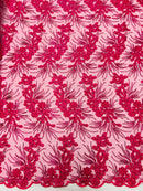 Floral Plant Cluster Fabric - Fuchsia - Embroidered High Quality Lace Fabric Sold by Yard