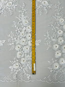 3D Rhinestone Rose Fabric - White - Embroidered 3D Roses Design on Mesh Fabric Sold by Yard