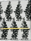 3D Rhinestone Rose Fabric - Black - Embroidered 3D Roses Design on Mesh Fabric Sold by Yard