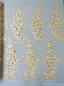 3D Rhinestone Rose Fabric - Champagne - Embroidered 3D Roses Design on Mesh Fabric Sold by Yard
