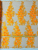 3D Rhinestone Rose Fabric - Orange - Embroidered 3D Roses Design on Mesh Fabric Sold by Yard